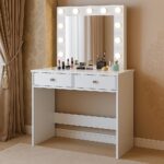 Masa de toaleta si machiaj Mega 12 LED, 100x50x144 cm, cu oglinda iluminata si 2 sertare, alb Mob360