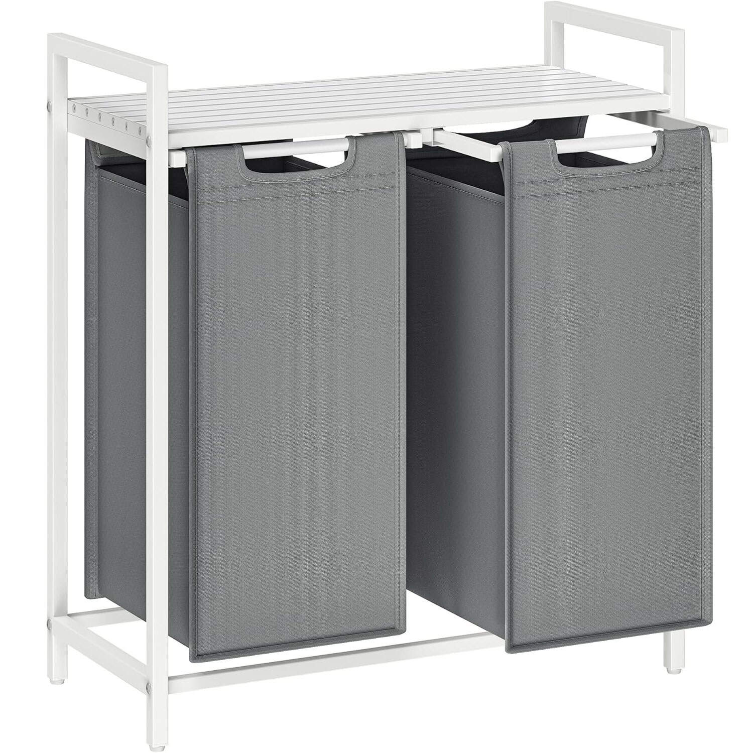 01-118 VASAGLE Cos de rufe, 2 compartimente, saci de rufe detasabili, raft, cadru metalic, 2x46L, 73x33x72 cm, alb si gri deschis Mob360 - imagine 1