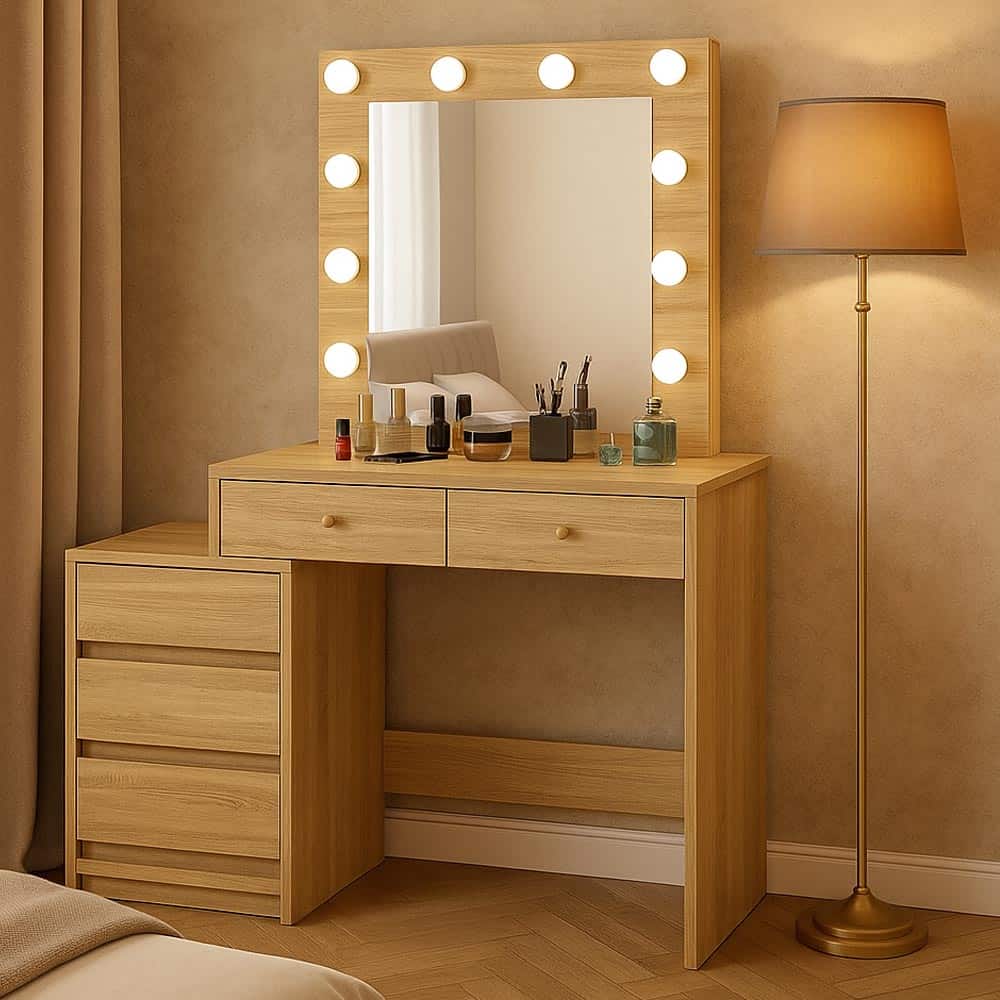 01-14 Masa de toaleta si machiaj Adele cu 5 sertare si oglinda 12 LED, 113x47x142 cm, sonoma Mob360 - imagine 1