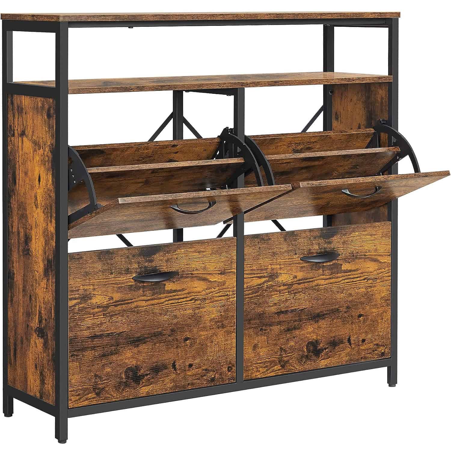 01-140 VASAGLE Dulap pantofi din MDF cu 4 usi basculante, pentru 12-20 perechi, 98x30x95cm, maro rustic si negru Mob360 - imagine 1