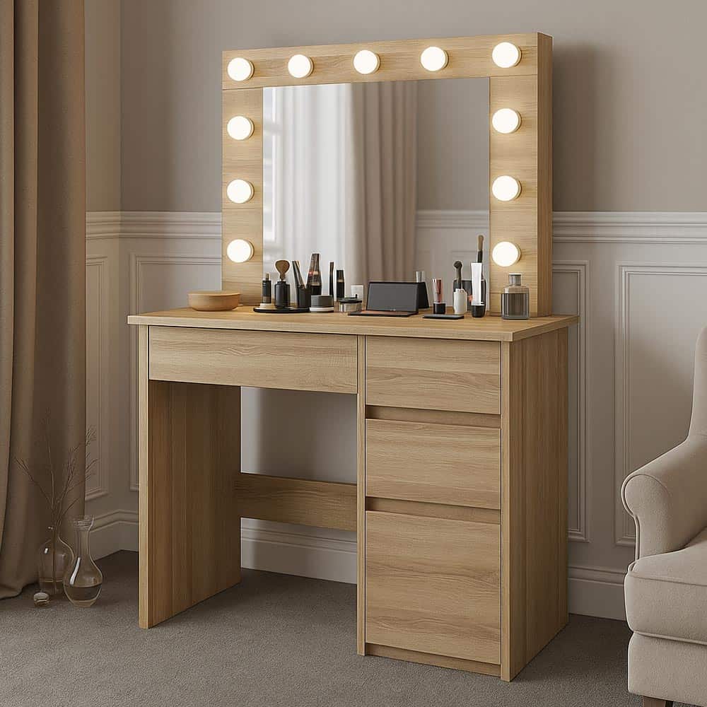 01-17 Masa de toaleta si machiaj Hollywood cu oglinda LED si 4 sertare, 94x43x140 cm, stejar Mob360 - imagine 1