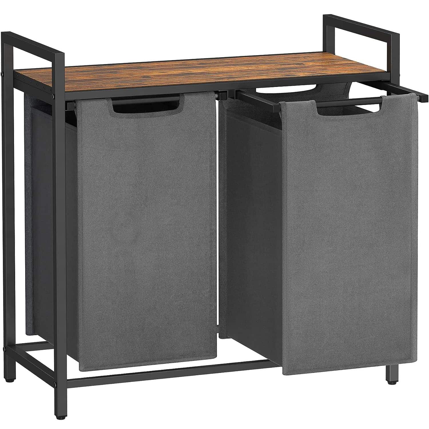 01-22 VASAGLE Cos de rufe, 2 compartimente, saci de rufe detasabili, raft, cadru metalic, 2x46L, 73x33x72 cm, maro rustic si gri Mob360 - imagine 1