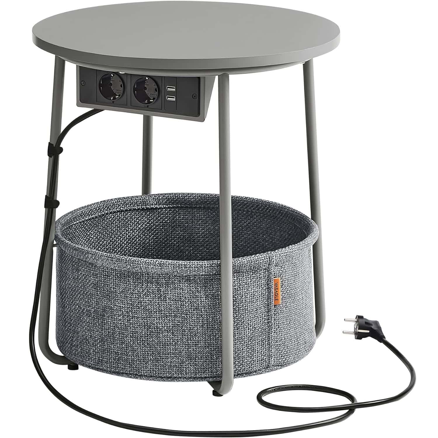 01-25 VASAGLE Masuta de cafea rotunda cu cos de stofa, statie de incarcare 2 prize si 2 USB, 45x50cm, gri argintiu Mob360 - imagine 1