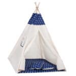 Cort copii stil indian Teepee Tent cu fereastra, covoras gros si 2 perne, alb albastru inchis cu stelute Mob360