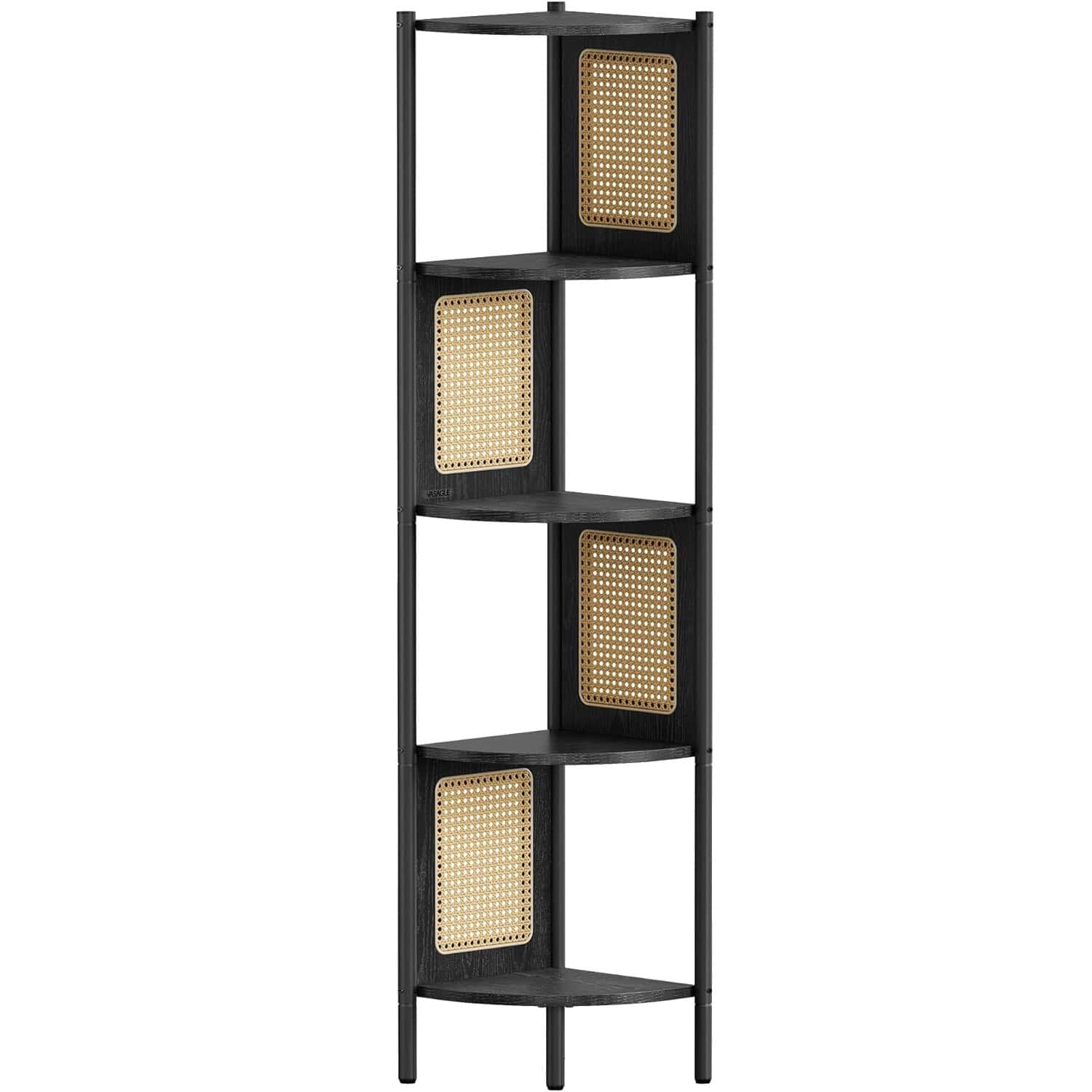 01-29 VASAGLE Raft de colt boho, cadru metalic, polite MDF si panouri poliratan, 32x32x156cm, negru Mob360 - imagine 1