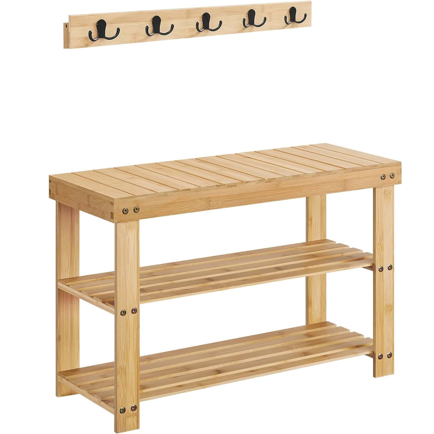 01-46 Set multifunctional pentru hol cu banca pentru pantofi si cuier, din bambus, 29x70x45 cm, maro natur Mob360 - imagine 1