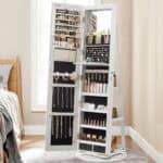 Oglinda de podea cu suport rotativ la 360°, cu spatiu de depozitare, 55x55x162 cm, alb cenusiu Mob360