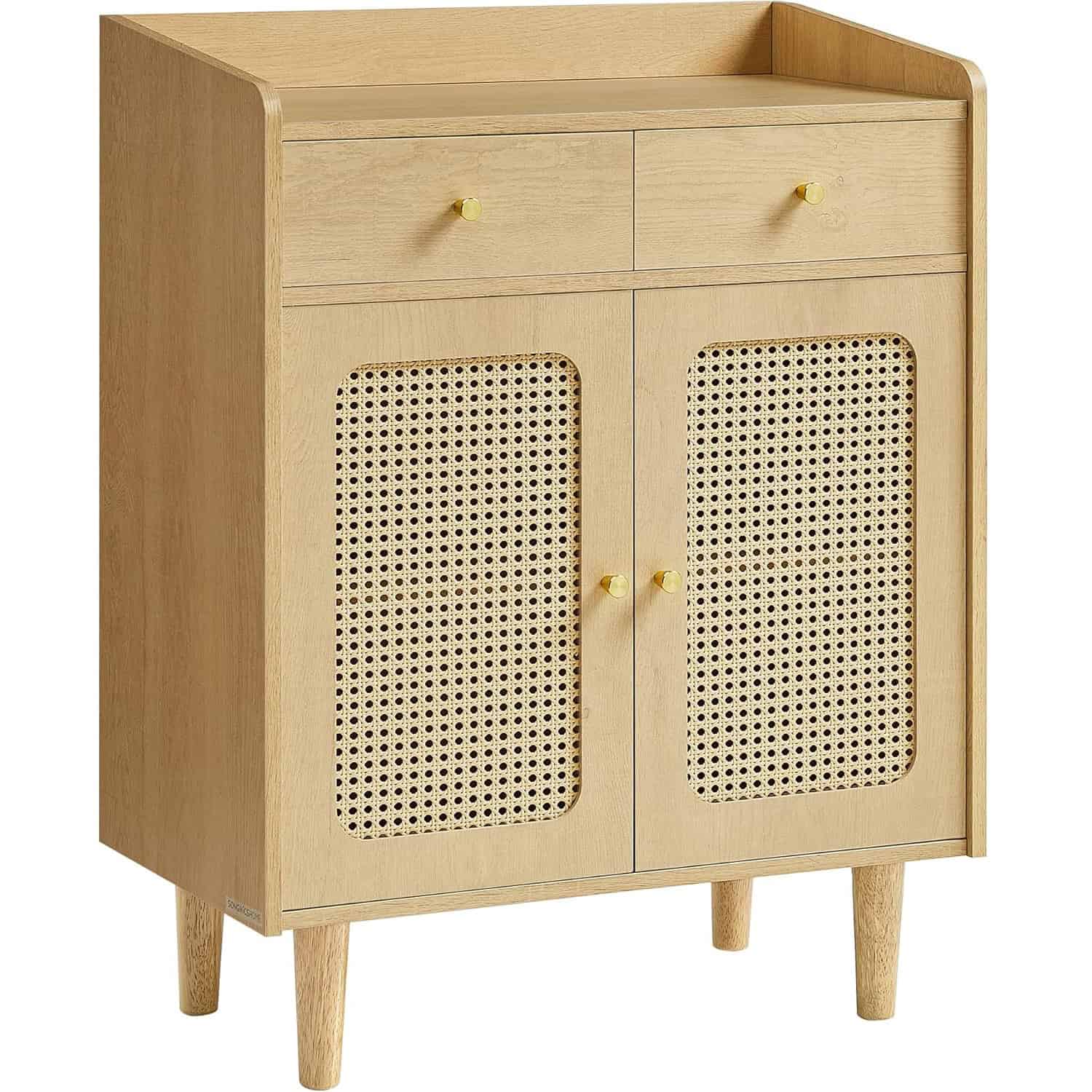 01-dulap-1 Dulap 70x40x90 cm, cu 2 sertare, raft reglabil si usi duble, MDF si lemn masiv, stil boho, stejar bej Mob360 - imagine 1