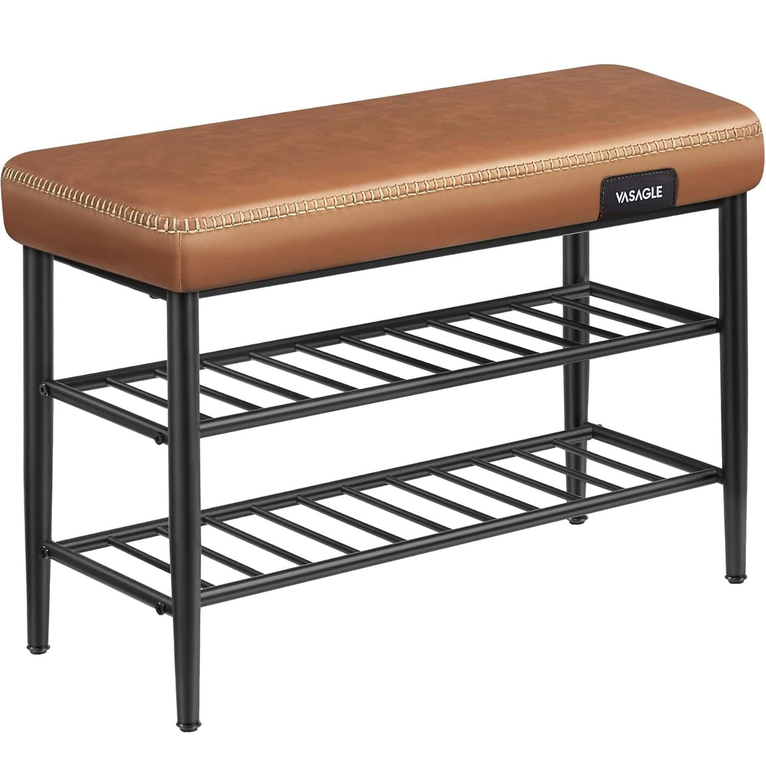 01-tab VASAGLE Banca pantofi 80x30x50 cm, cu rafturi si sezut tapitat, otel si piele PU, maro caramel Mob360 - imagine 1