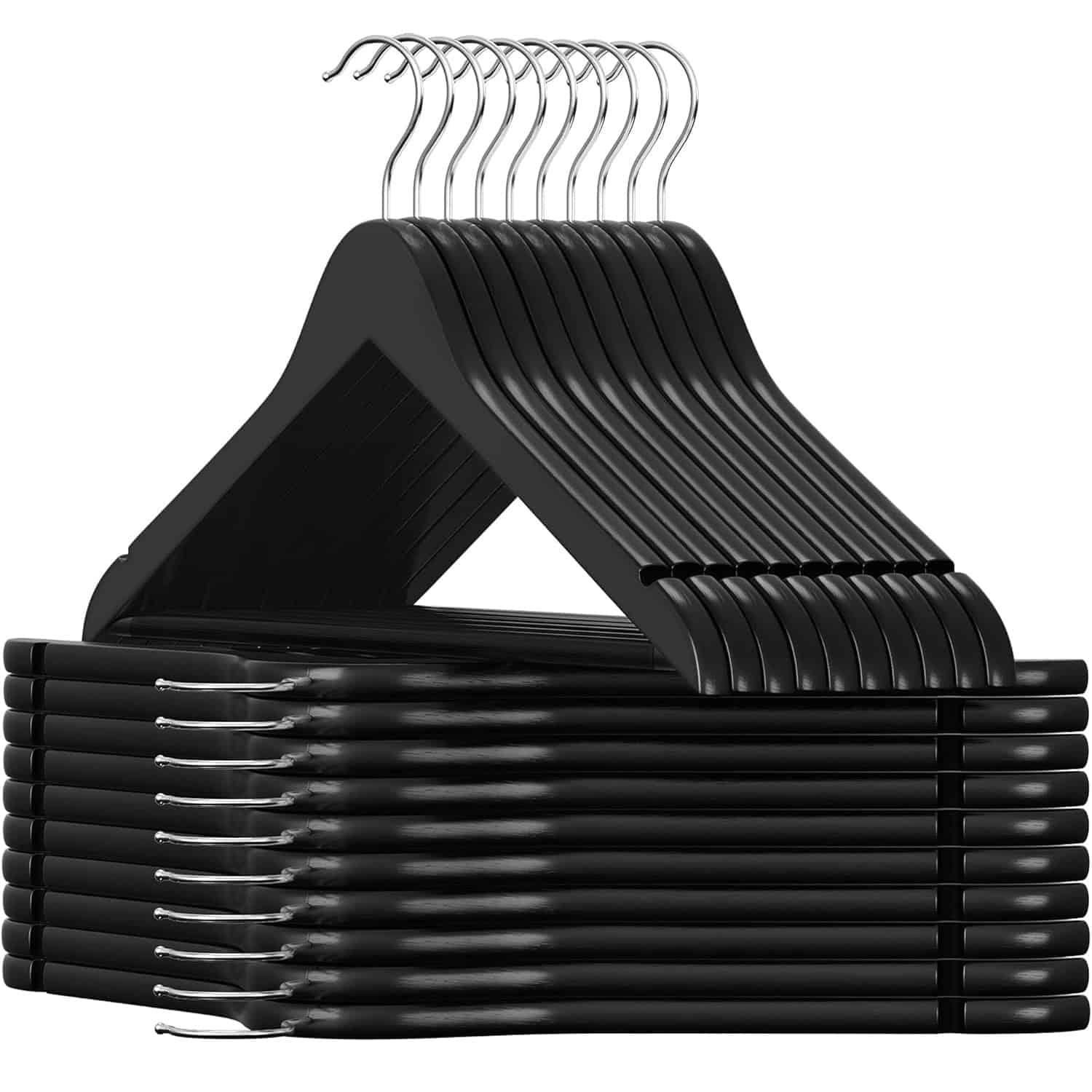 01-umeras-negru Umerase haine 45x23 cm, set 20 buc, lemn masiv cu bara pentru pantaloni si carlig rotativ, negru Mob360 - imagine 1