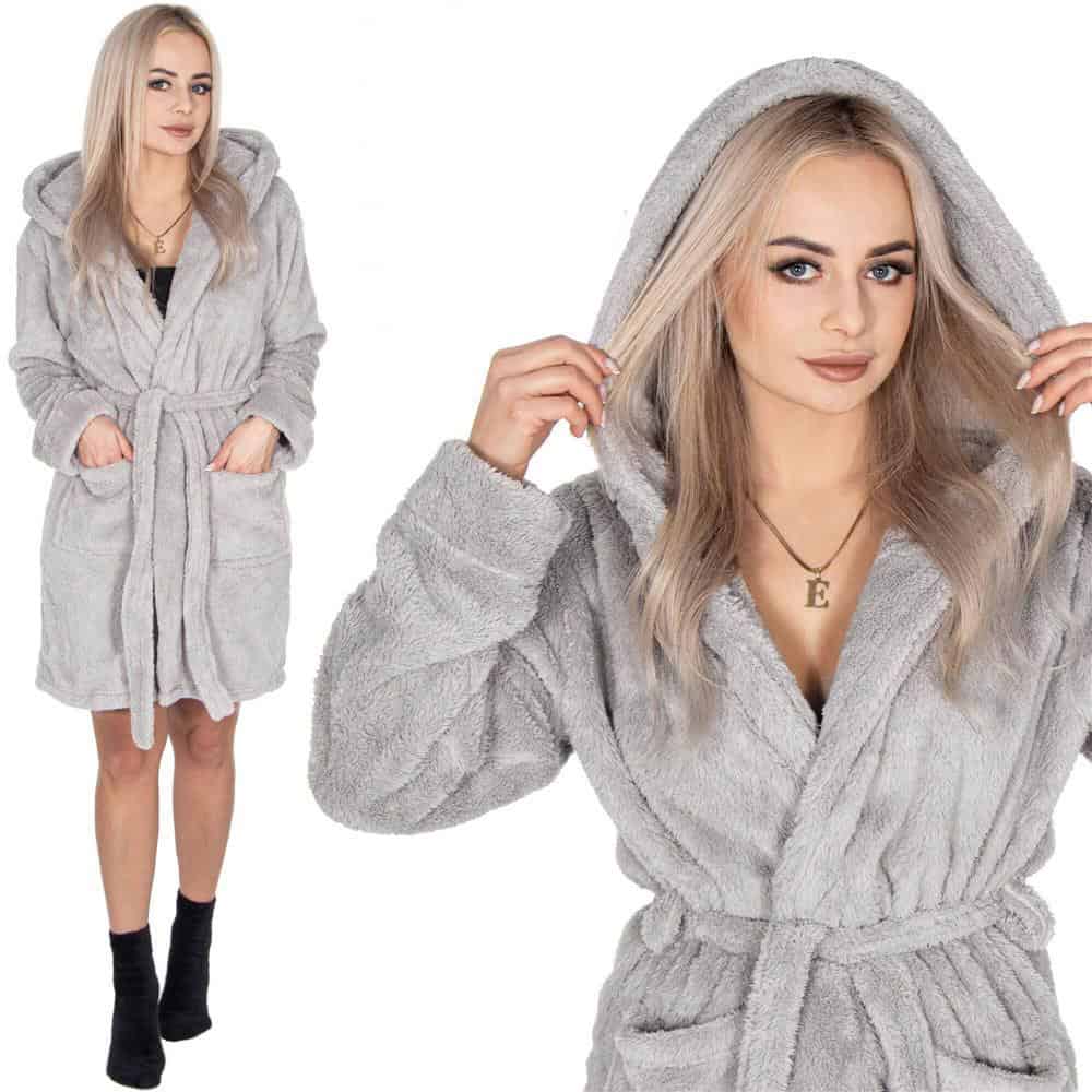 017 Halat de baie pentru femei pana la genunchi, cu gluga, marimea S/M, gri Mob360 - imagine 1