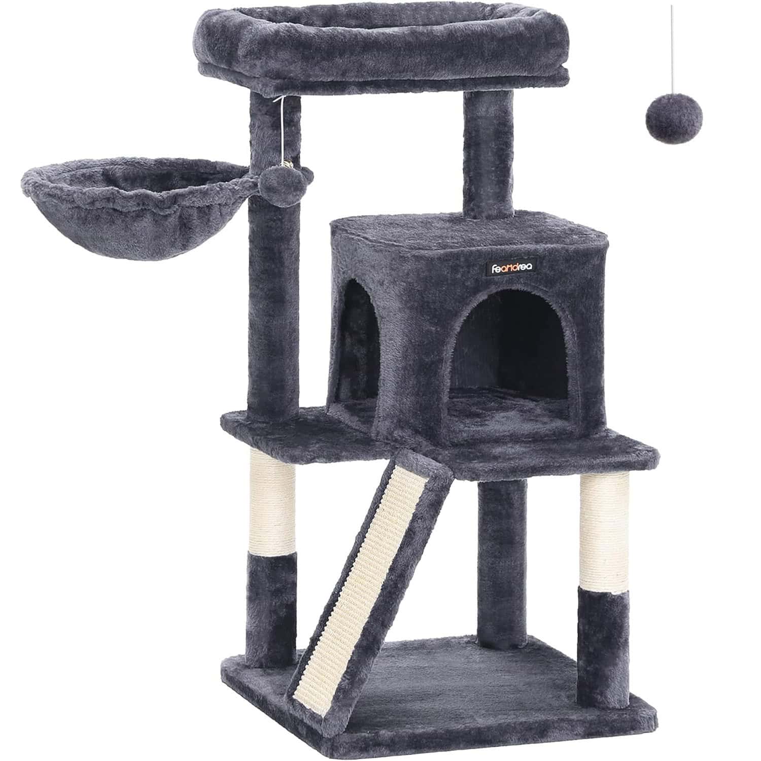 02-32 FEANDREA Ansamblu de joaca pentru pisici, tip copac, cu 2 culcusuri si ascunzatoare, 48x48x96cm, gri inchis Mob360 - imagine 1