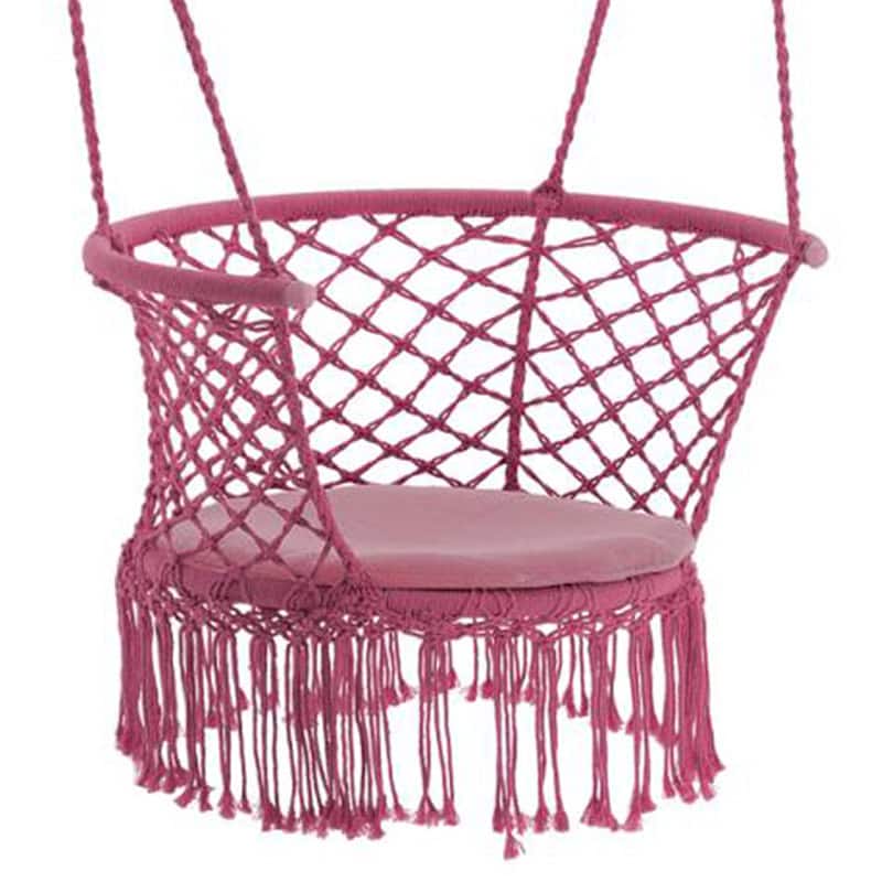 1-1 Scaun rotund tip leagan suspendat pentru casa sau gradina, cu franjuri, 150kg, cu perna, roz Mob360 - imagine 1