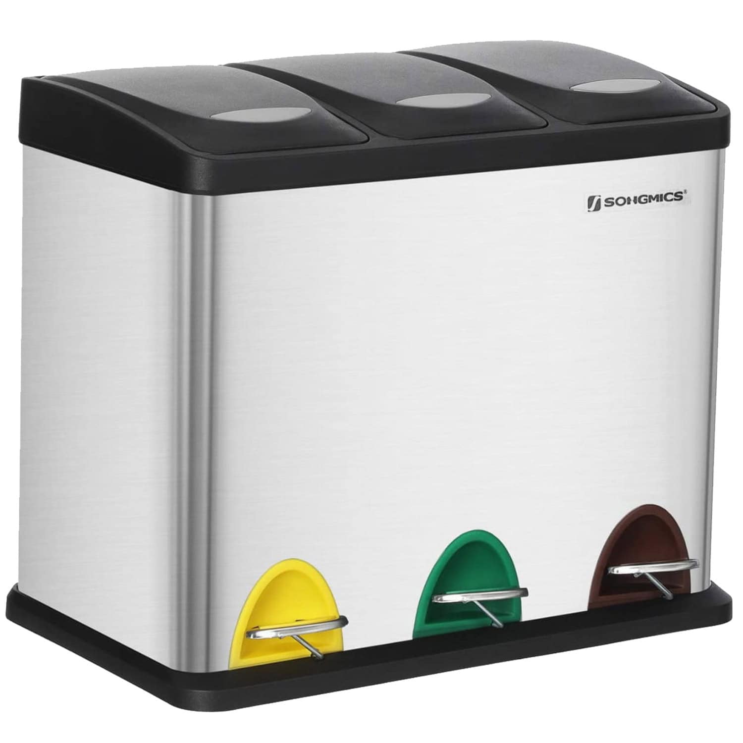 1-119 Cos de gunoi din inox cu 3 compartimente colectare selectiva, cu galeti interioare, 3x8litri, argintiu si negru Mob360 - imagine 1