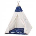 Cort copii stil indian Teepee Tent cu fereastra, covoras gros si 2 perne, alb albastru inchis cu stelute Mob360 - imagine 2
