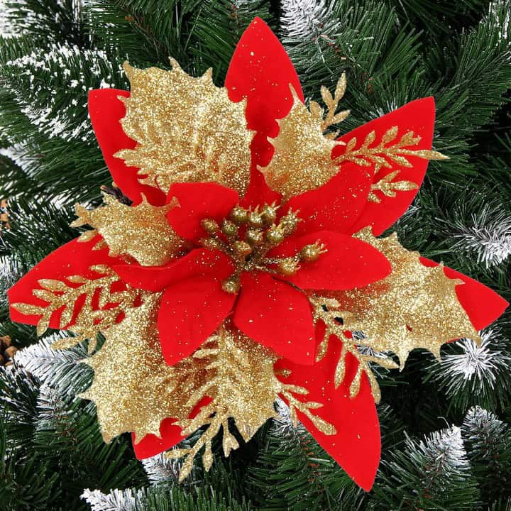 1-5 Set 10 ornamente pentru bradul de Craciun, stea Poinsettia, 14cm, rosu auriu Mob360 - imagine 1