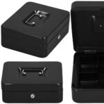 Caseta pentru bani tip cutie de valori, compartimentanta, cu cheie, metal, 30x24x9cm, negru Mob360 - imagine 2