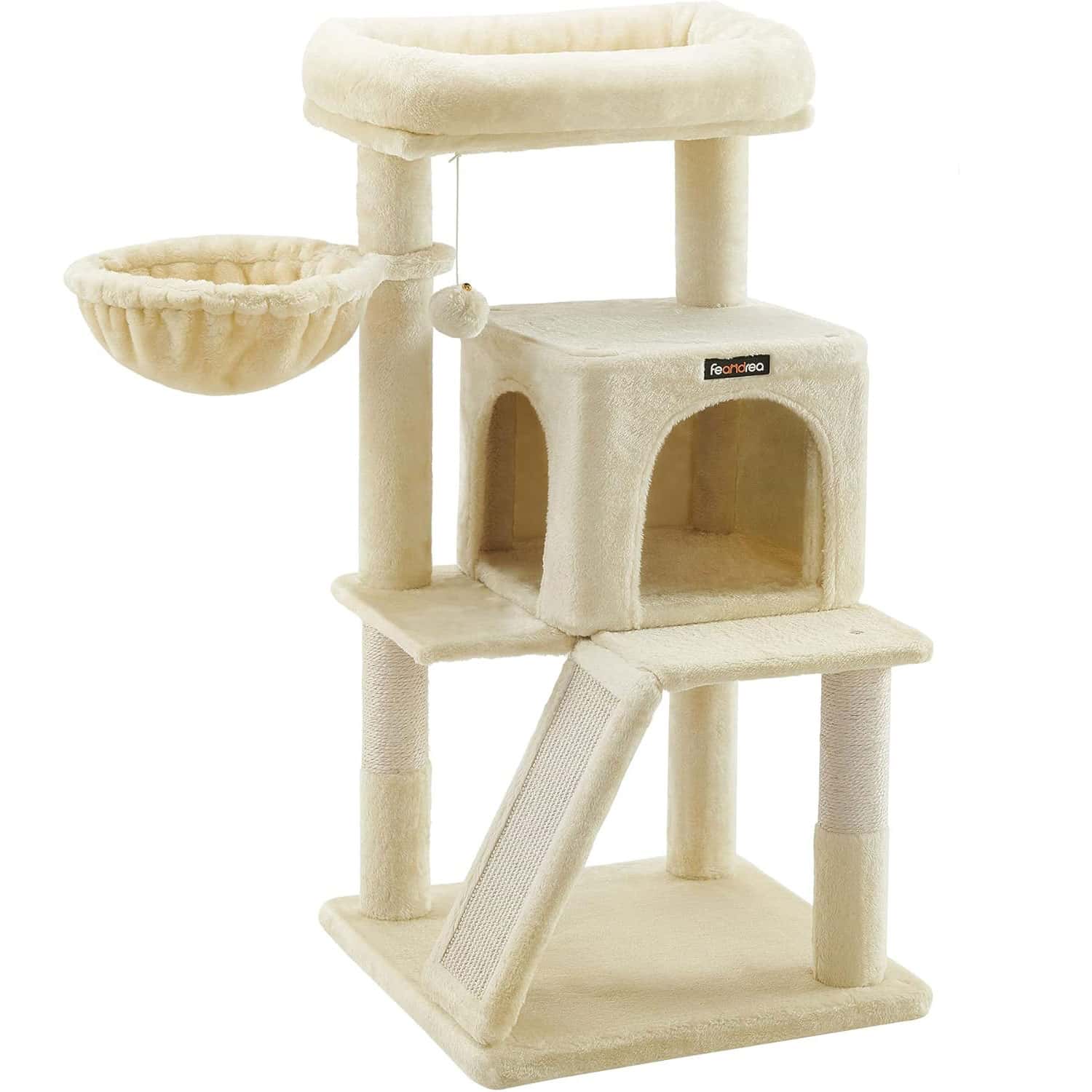 1-59 FEANDREA Ansamblu de joaca pisici, tip copac, 2 culcusuri, ascunzatoare, 48x48x96 cm, bej Mob360 - imagine 1