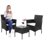 Set mobilier terasa, din tehnorattan, masa cu blat sticla securizata, 2 fotolii cu perne, negru Mob360 - imagine 3