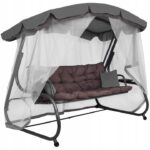Balansoar gradina 226x126x192 cm, 3 in 1 leagan, pat si relaxare, cu plasa anti-insecte, copertina reglabila, saltea si perne incluse, gri si maro Mob360