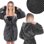 Halat de baie pentru femei pana la genunchi, cu gluga, marimea L/XL, gri inchis Mob360 - imagine 2