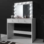 Masa de toaleta si machiaj Mega 12 LED, 100x50x144 cm, cu oglinda iluminata si 2 sertare, alb Mob360 - imagine 6