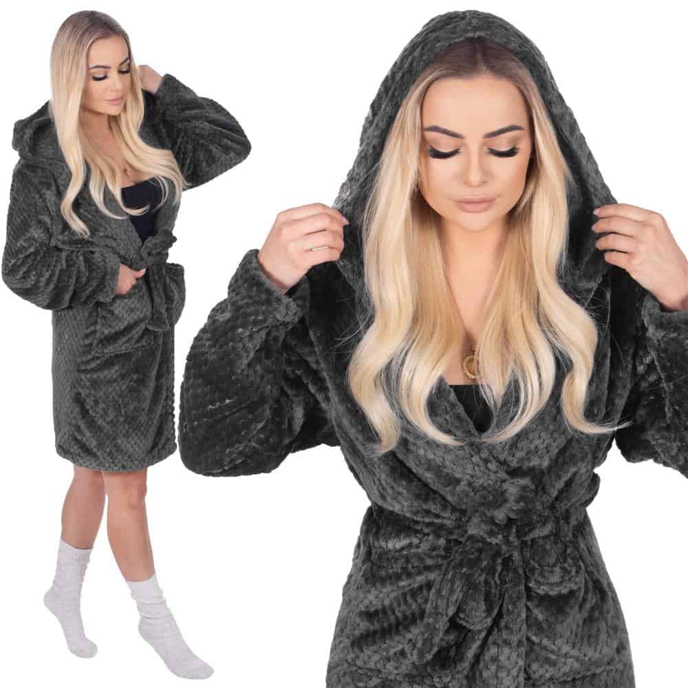 11-halat Halat de baie pentru femei pana la genunchi, cu gluga, marimea L/XL, gri inchis Mob360 - imagine 1