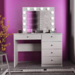 Masa de toaleta si machiaj Cristal 12 LED cu oglinda si 5 sertare, 110x47x77 cm, alb Mob360