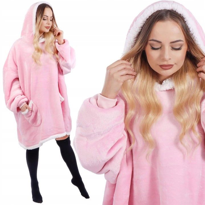 16r Patura tip hanorac, cu maneci, gluga si buzunare, material plus, marime universala, roz Mob360 - imagine 1