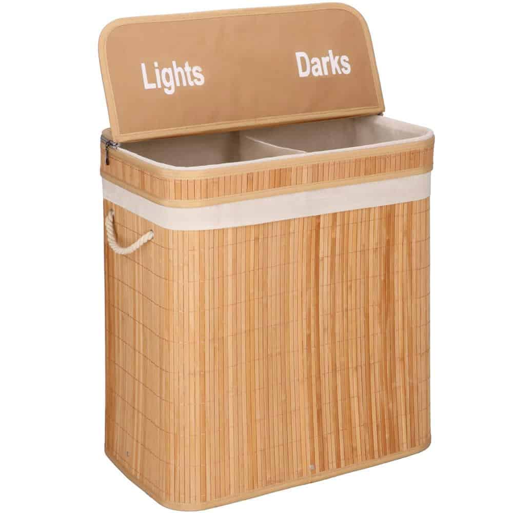 17-23 Cos de rufe din bambus cu capac, 2 compartimente, sac detasabil, volum 100L, 53x32x62cm, maro Mob360 - imagine 1