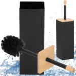 Perie WC cu rezervor detasabil si capac, din metal si bambus, 40 cm, negru Mob360 - imagine 3