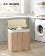 Cos de rufe din bambus, pliabil, cu captuseala detasabila lavabila, 3 compartimente, 150L, 60x40x60cm, natural Mob360 - imagine 3