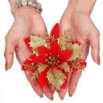 Set 10 ornamente pentru bradul de Craciun, stea Poinsettia, 14cm, rosu auriu Mob360 - imagine 2