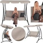 Leagan de gradina 190x115x176 cm, pentru 3 persoane, copertina reglabila, perne incluse, cadru otel si material impermeabil, bej Mob360 - imagine 3