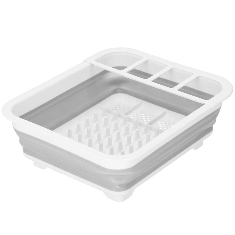 22-42 Uscator de vase pliabil, din pastic si silicon, 36x31x12cm, suport tacamuri, alb si gri Mob360 - imagine 1