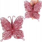 Set 10 ornamente pentru bradul de Craciun, Fluture cu sclipici, 16cm, roz Mob360 - imagine 3