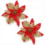 Set 10 ornamente pentru bradul de Craciun, stea Poinsettia, 14cm, rosu auriu Mob360 - imagine 3
