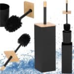Perie WC cu rezervor detasabil si capac, din metal si bambus, 40 cm, negru Mob360 - imagine 4