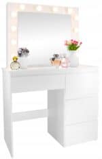 Masa de toaleta si machiaj Hollywood Pro, alba, cu 4 sertare, oglinda si 12 LED-uri, 90x40x140 cm Mob360 - imagine 6