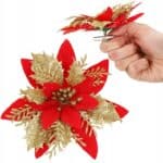 Set 10 ornamente pentru bradul de Craciun, stea Poinsettia, 14cm, rosu auriu Mob360 - imagine 4