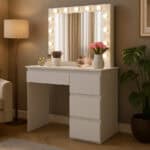 Masa de toaleta si machiaj Hollywood Pro, alba, cu 4 sertare, oglinda si 12 LED-uri, 90x40x140 cm Mob360