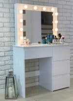 Masa de toaleta si machiaj Hollywood Pro, alba, cu 4 sertare, oglinda si 12 LED-uri, 90x40x140 cm Mob360 - imagine 7