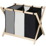 Cos de rufe cu 3 compartimente, cadru din lemn, 67x43x55 cm, 105 litri Mob360