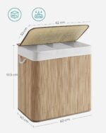 Cos de rufe din bambus, pliabil, cu captuseala detasabila lavabila, 3 compartimente, 150L, 60x40x60cm, natural Mob360 - imagine 7