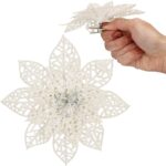 Set 10 ornamente pentru bradul de Craciun, stea Poinsettia, 14cm, alb cu sclipici Mob360 - imagine 6
