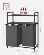 VASAGLE Cos de rufe, cu 2 saci detasabili, 2 rafturi, capacitate de 46L per sac, 73x33x92cm , negru si gri Mob360 - imagine 7
