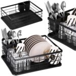 Uscator de vase cu suport tacamuri, din otel, cu tava de scurgere, 42x32x15cm, negru Mob360 - imagine 8