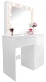 Masa de toaleta si machiaj Hollywood Pro, alba, cu 4 sertare, oglinda si 12 LED-uri, 90x40x140 cm Mob360 - imagine 9
