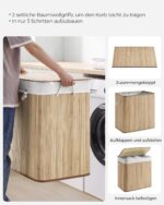 Cos de rufe din bambus, pliabil, cu captuseala detasabila lavabila, 3 compartimente, 150L, 60x40x60cm, natural Mob360 - imagine 9