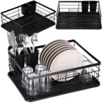 Uscator de vase cu suport tacamuri, din otel, cu tava de scurgere, 42x32x15cm, negru Mob360 - imagine 9